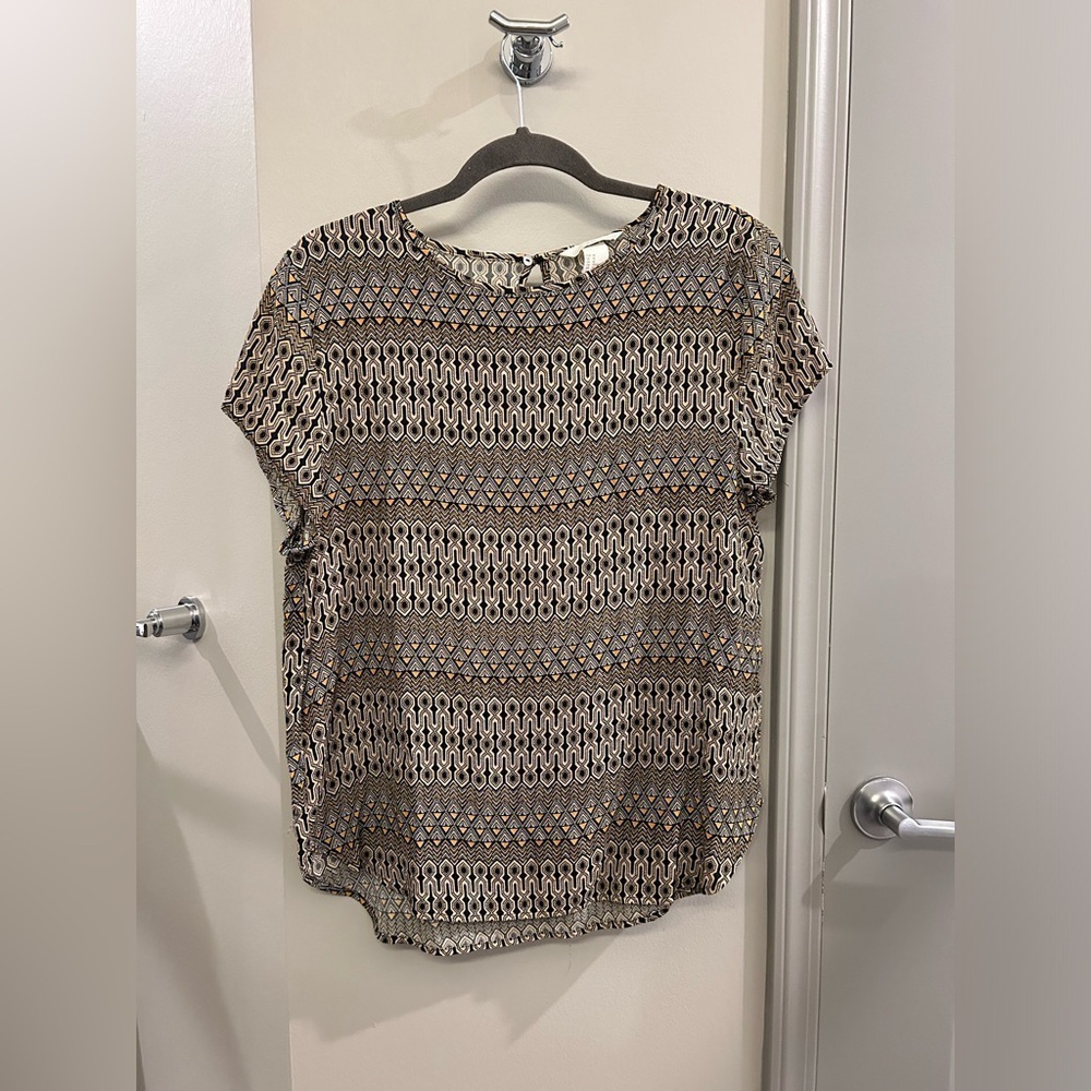 H&M Blouse Top Women’s 10 Keyhole Cap Sleeve Geometric Yellow Tan